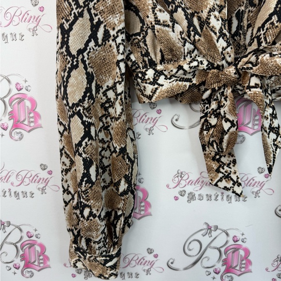 Wild Honey long sleeve cropped tie up ribbon shirt Snakeskin Tie-Front Blouse - Picture 3 of 15